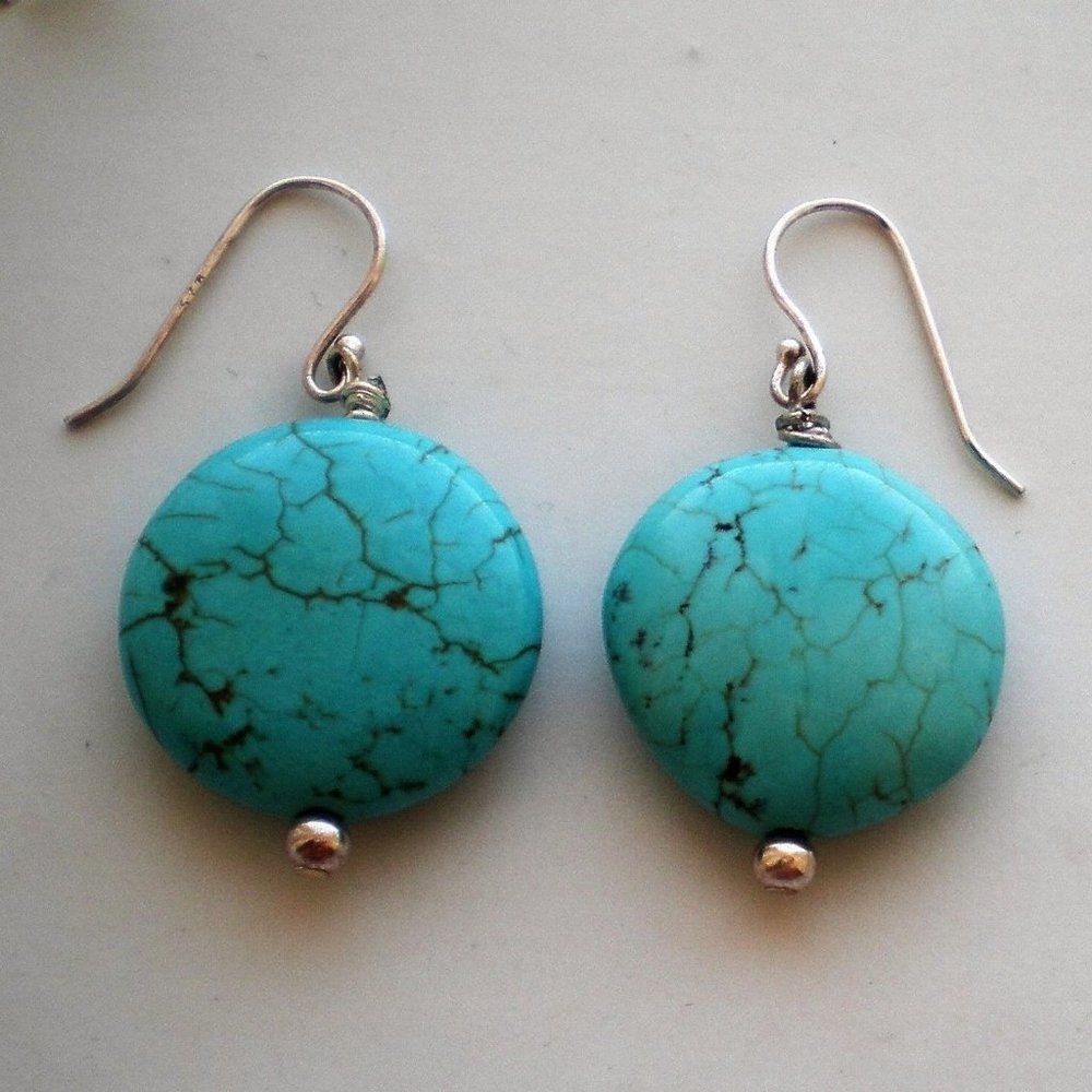 Beautiful Vintage Sterling Silver 925 Large Turquoise Dangle  Pierced Earrings